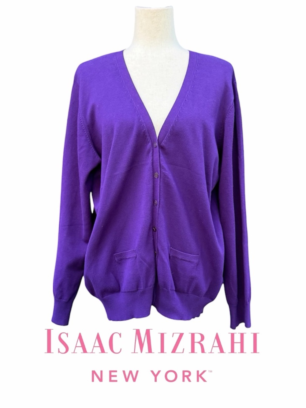 Isaac Mizrahi V-Neck Button Classic knit Cardigan in Vibrant Purple w pockets XL